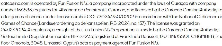Cat Casino публикует официальную информацию о лицензии и юридических лицах, включая зарегистрированное на Кипре для обработки платежей, в нижней части основных страниц